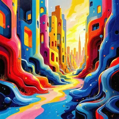The primary subject of the image is a colorful, abstract painting of a cityscape. The setting is a city with tall buildings, and the visual style is a mix of digital art and illustration. The colors and mood of the painting are vibrant and lively, with a variety of colors and patterns that create a dynamic and engaging atmosphere.